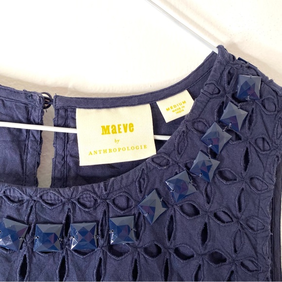 🧚‍♀️ Anthropologie Maeve Beaded Navy Cut Out Sleeveless Blouse - Picture 5 of 9